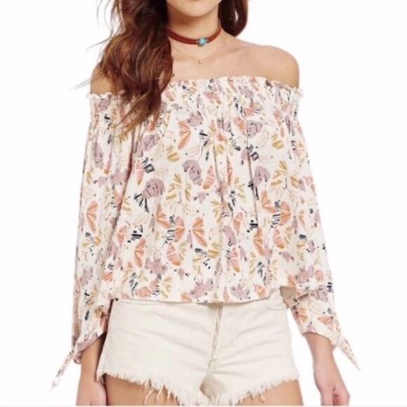 Free People Lexington Off Shoulder Floral Boho Blouse Small Tie Cuff Ivory - Picture 1 of 11